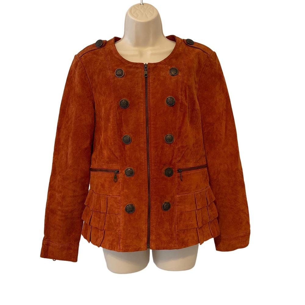 Prosper &‎ Devine Orange Leather Full Zip Jacket Layered Ruffle Hem Size Small